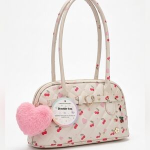 Cream Quilted Shoulder Bag with Cherry Print and Heart Charm NWT Under One Sky